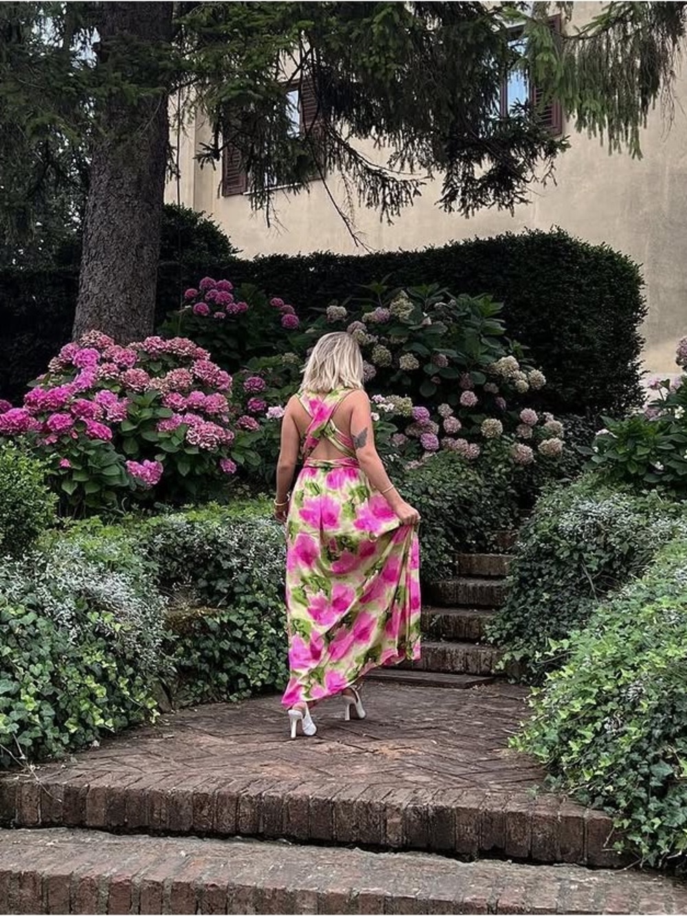 Backless Floral Maxi Dress in Pink & Green